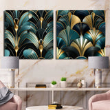 Abstract Shapes Canvas Wall Art - Damask Emerald And Gold Art Deco Pattern - 2 Pieces