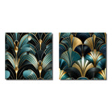 Abstract Shapes Canvas Wall Art - Damask Emerald And Gold Art Deco Pattern - 2 Pieces