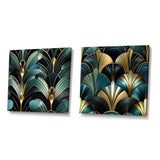Abstract Shapes Canvas Wall Art - Damask Emerald And Gold Art Deco Pattern - 2 Pieces