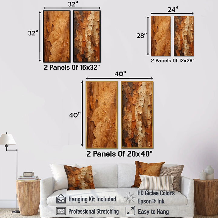 Modern Wall Art Canvas Set - Brown Tree Bark Essence II - 2 Pieces