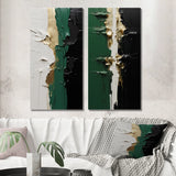 Modern Canvas Wall Art Set of 2 - Golden Green And Black Ink Merge I