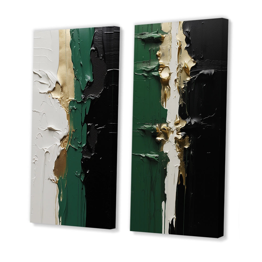 Modern Canvas Wall Art Set of 2 - Golden Green And Black Ink Merge I