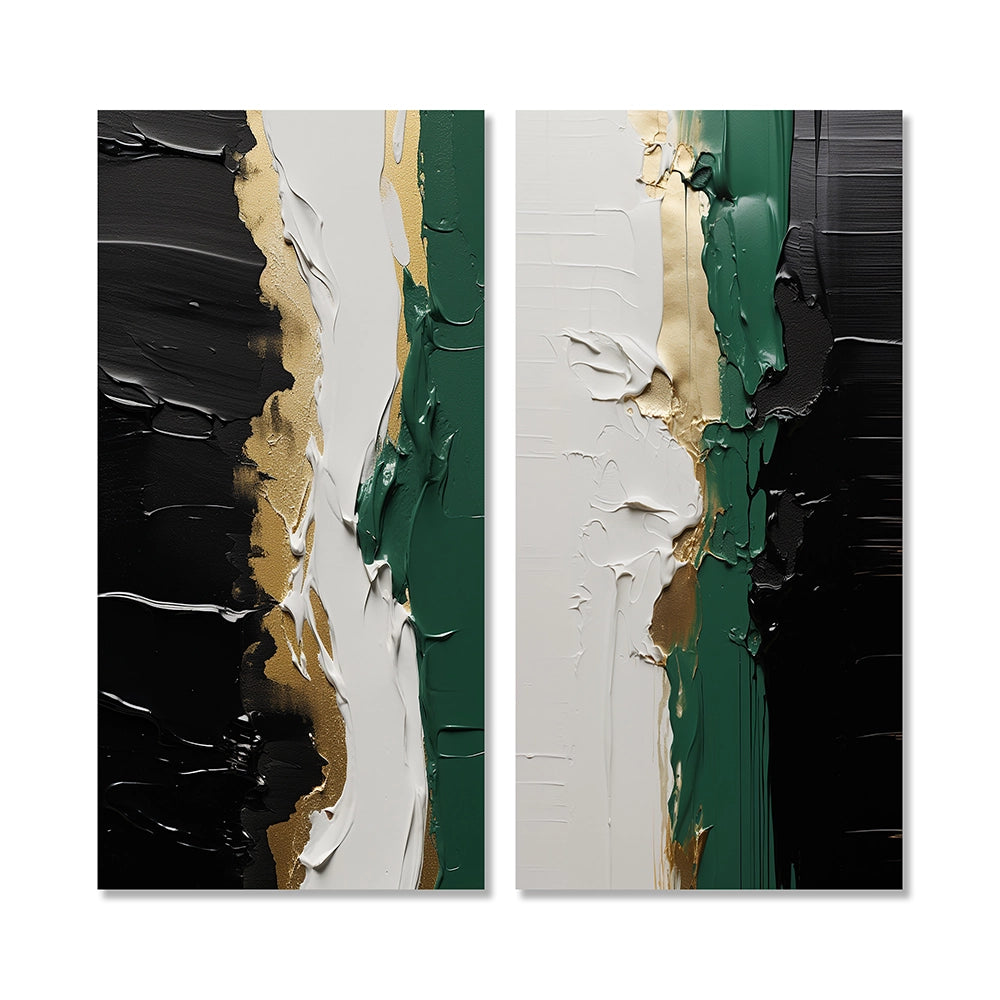 Modern Multi Panel Canvas Wall Art - Golden Green And Black Ink Merge IV