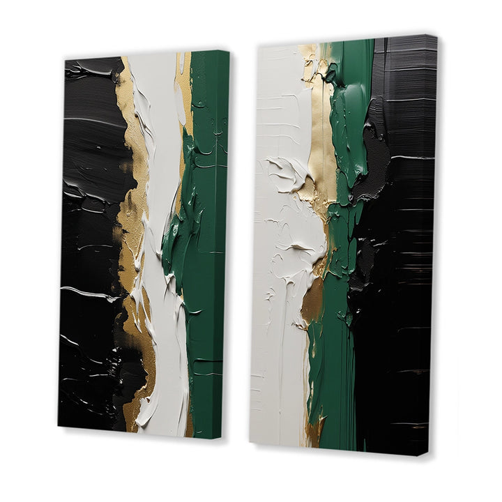 Modern Multi Panel Canvas Wall Art - Golden Green And Black Ink Merge IV