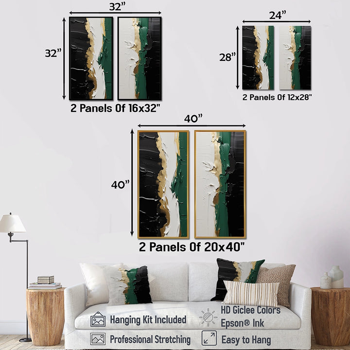 Modern Multi Panel Canvas Wall Art - Golden Green And Black Ink Merge IV