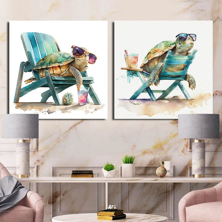 Traditional Wall Art Set - Turtle Laying On A Beach Chair With Sunglasses - 2 Pieces