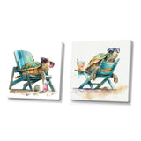 Traditional Wall Art Set - Turtle Laying On A Beach Chair With Sunglasses - 2 Pieces
