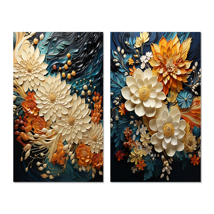 Modern Wall Art Canvas Set - Orange Teal Botanical Whirlwind - 2 Pieces