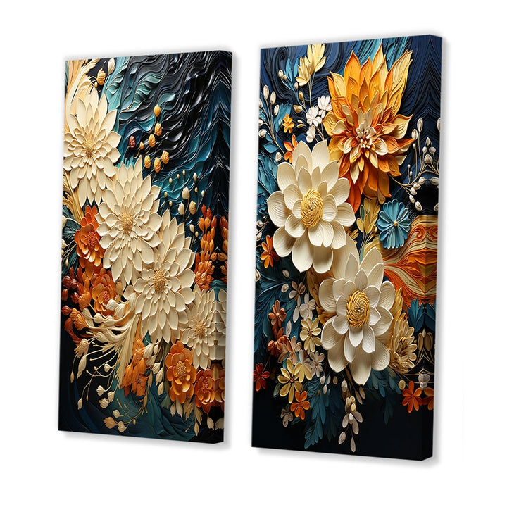Modern Wall Art Canvas Set - Orange Teal Botanical Whirlwind - 2 Pieces