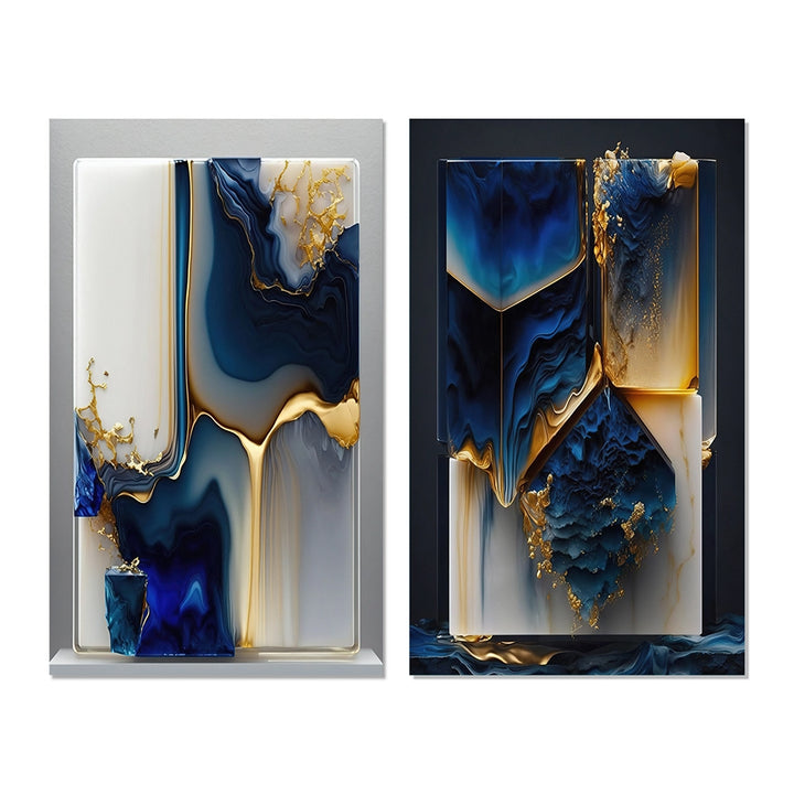 Abstract Marble Canvas Wall Art - Abstract Geode Gold And Blue Marble Shape - 2 Pieces
