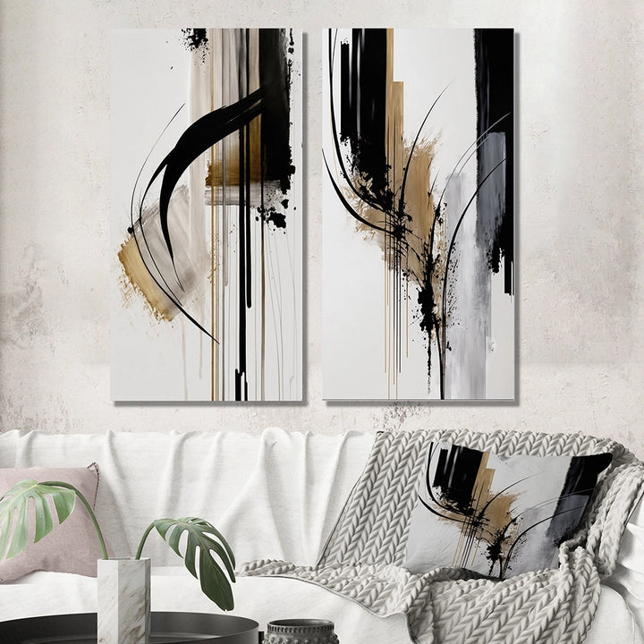 Abstract Canvas Wall Art Set of 2- Black, White And Gold Expression I