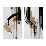 Abstract Canvas Wall Art Set of 2- Black, White And Gold Expression I