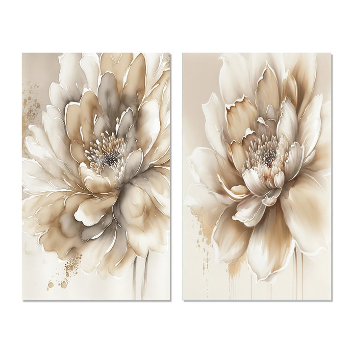 Floral Canvas Wall Art - Single Beige Flower - 2 Pieces