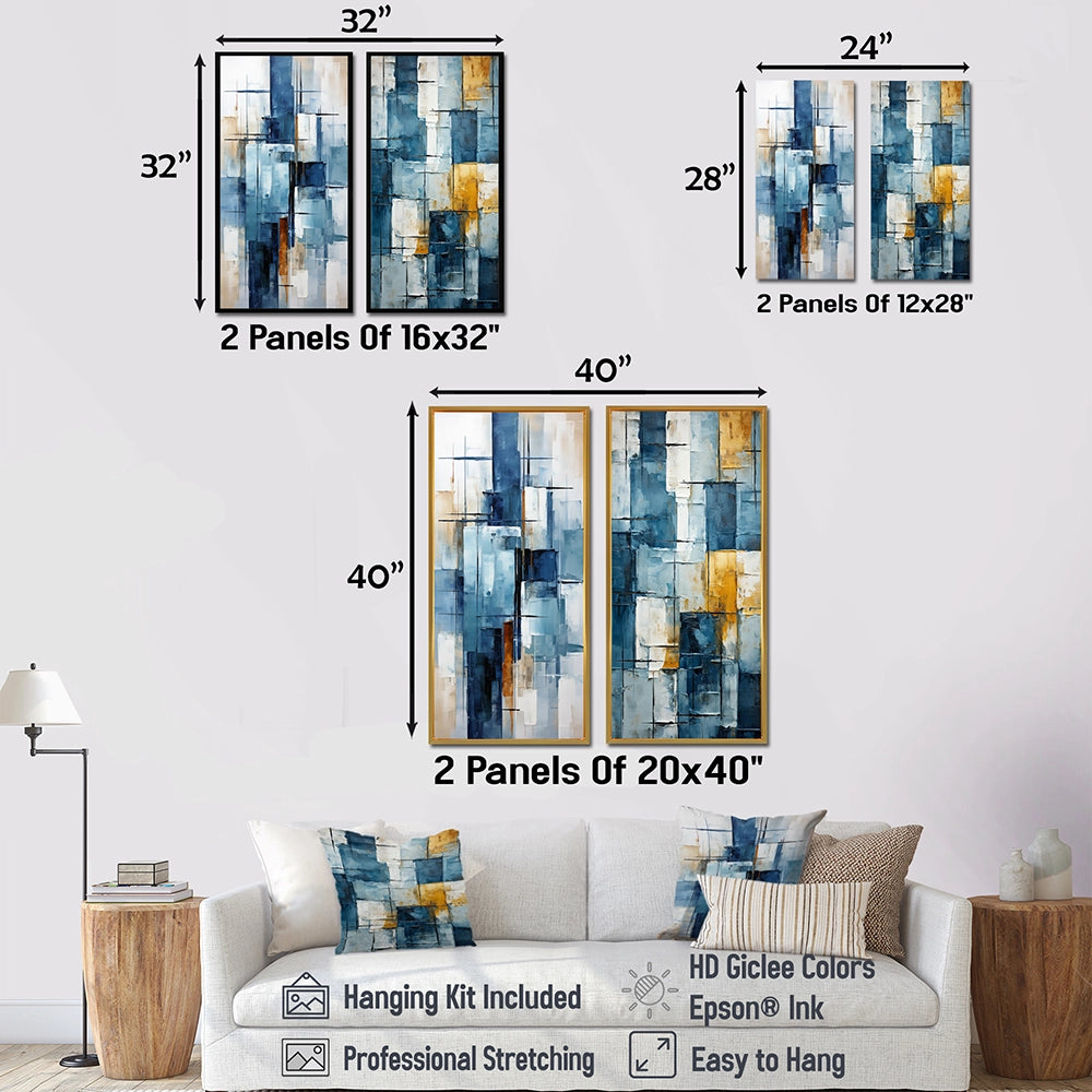 Abstract Shapes Multi Panel Canvas Wall Art - Cerulean Cubism Shapes