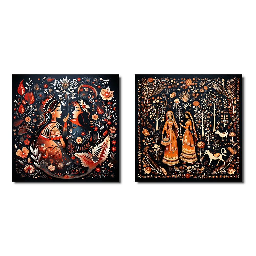 Indian Art Wall Art Set - Indian Art Rajasthani Folklore Tales I - 2 Pieces