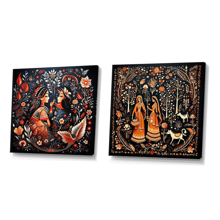 Indian Art Wall Art Set - Indian Art Rajasthani Folklore Tales I - 2 Pieces