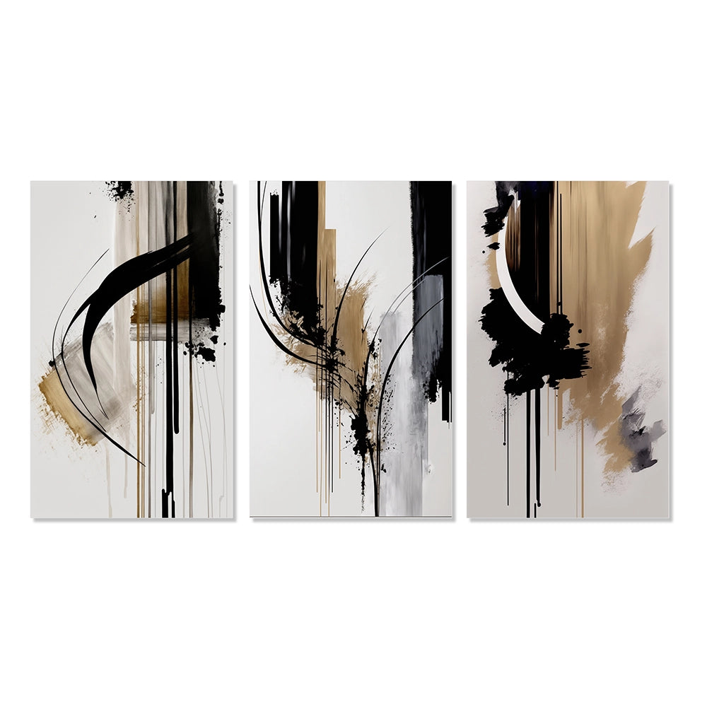Modern Multi Panel Canvas Wall Art - Black, White And Gold Expression