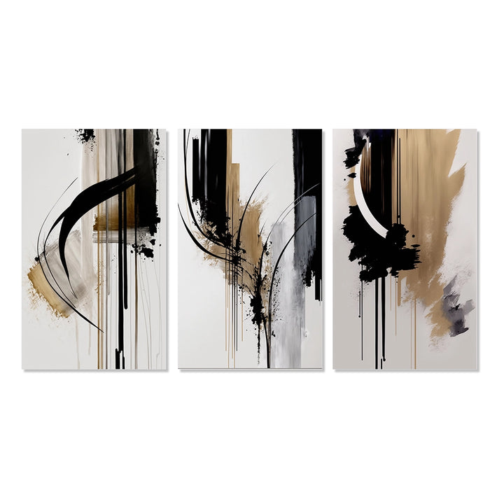 Modern Multi Panel Canvas Wall Art - Black, White And Gold Expression