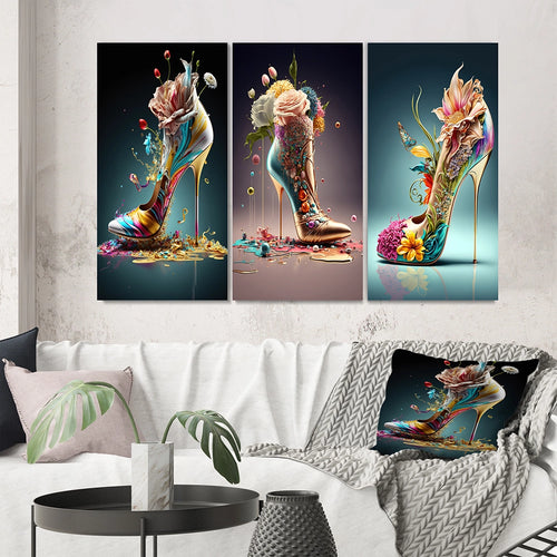 Fashion Multi Panel Canvas Wall Art - Gold Floral High Heel Shoes