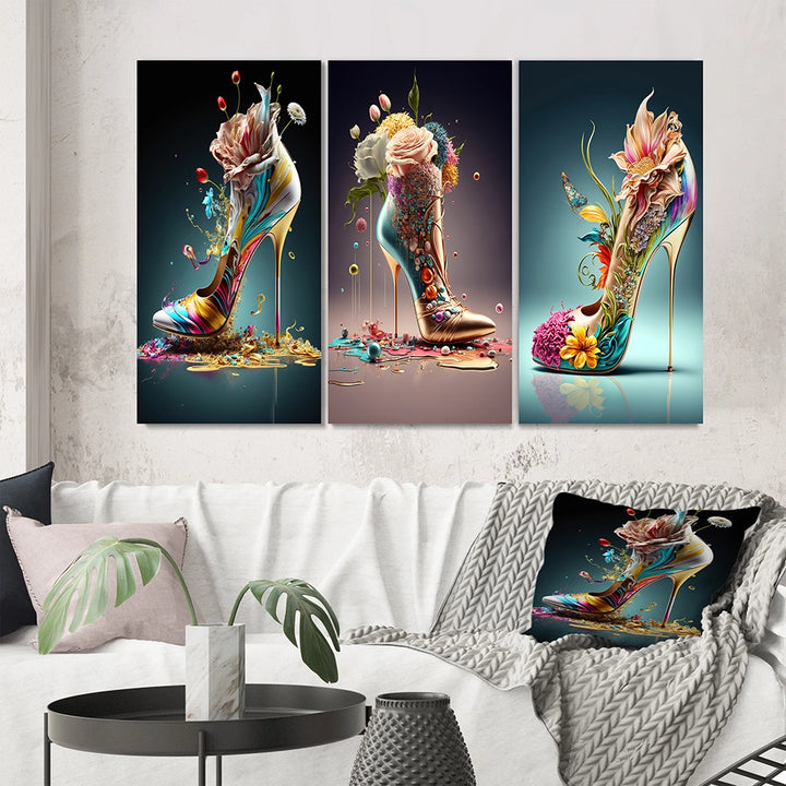 Fashion Multi Panel Canvas Wall Art - Gold Floral High Heel Shoes