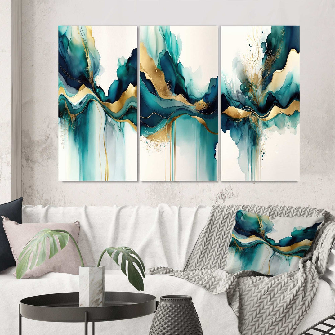 Teal And Gold Abstract Expression - Multi-Panels