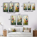 Traditional Canvas Wall Art Set - Painted Blossoming Wildflowers - 3 Pieces