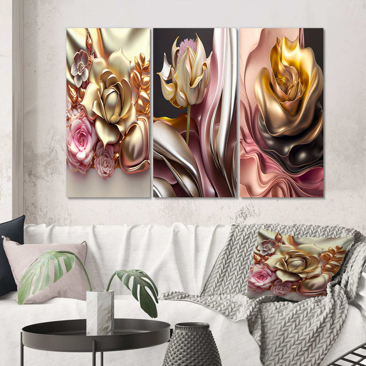 Liquid Gold And Pink Modern Flowers IV - Multi-Panels