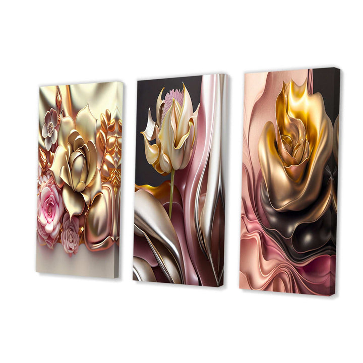 Liquid Gold And Pink Modern Flowers IV - Multi-Panels