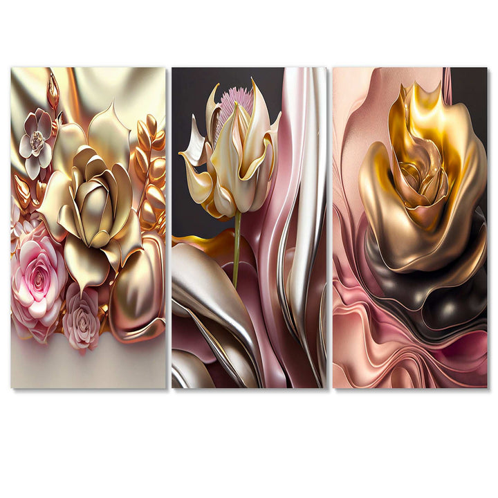 Liquid Gold And Pink Modern Flowers IV - Multi-Panels