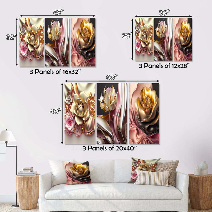 Liquid Gold And Pink Modern Flowers IV - Multi-Panels