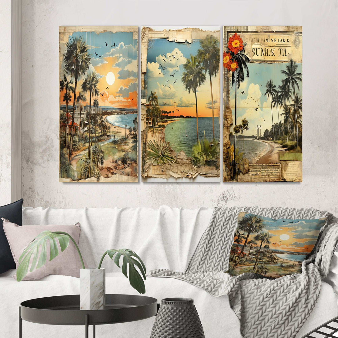 Vintage Florida Collage Palm Trees And Beach I - Multi-Panels