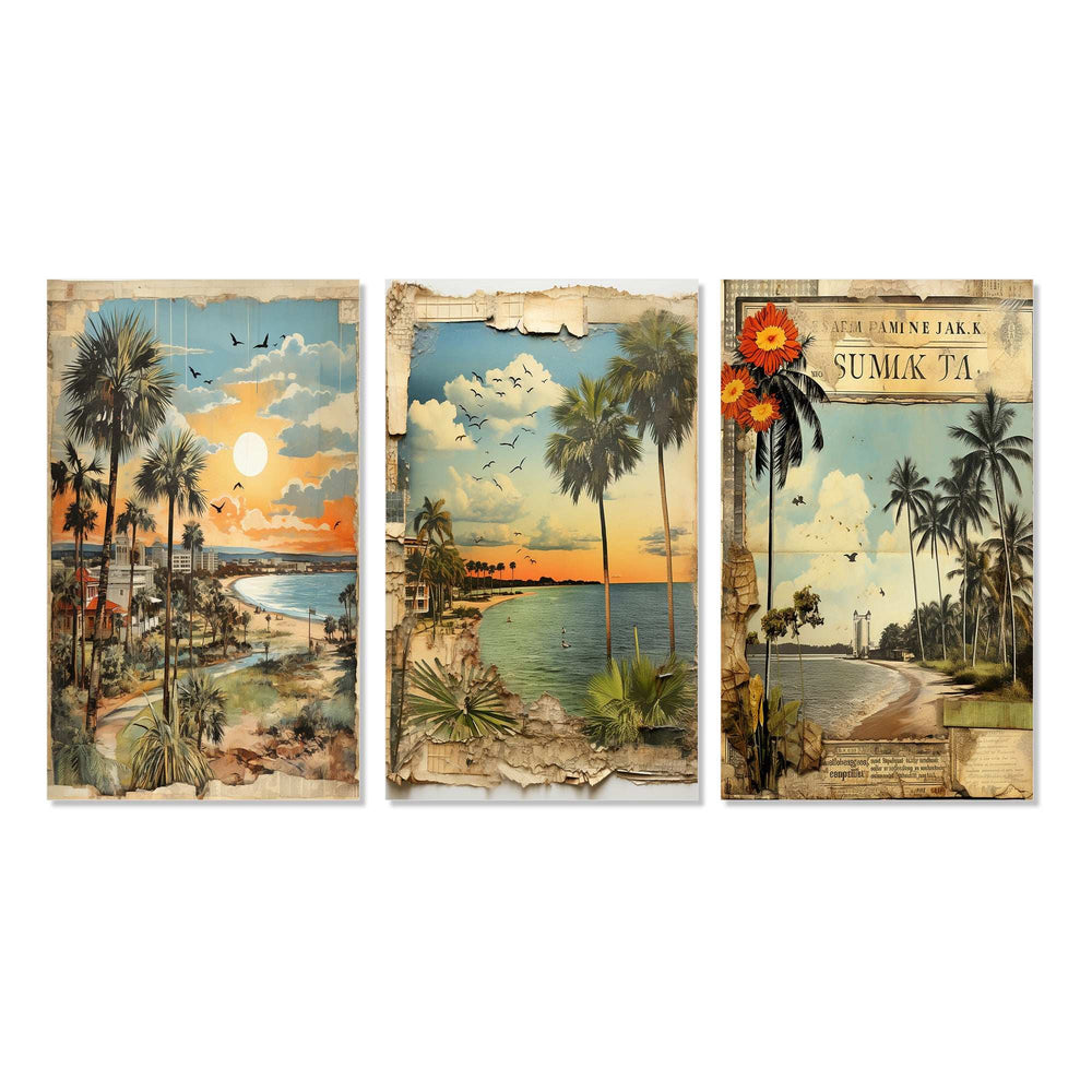 Vintage Florida Collage Palm Trees And Beach I - Multi-Panels