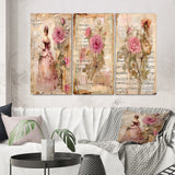 Rose Wall Art Canvas Set - Victorian Lady Pink Roses Rustic Vintage - 3 Pieces