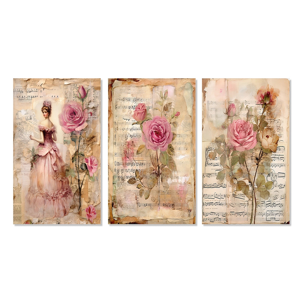 Rose Wall Art Canvas Set - Victorian Lady Pink Roses Rustic Vintage - 3 Pieces