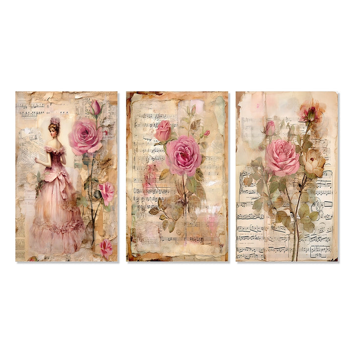 Rose Wall Art Canvas Set - Victorian Lady Pink Roses Rustic Vintage - 3 Pieces