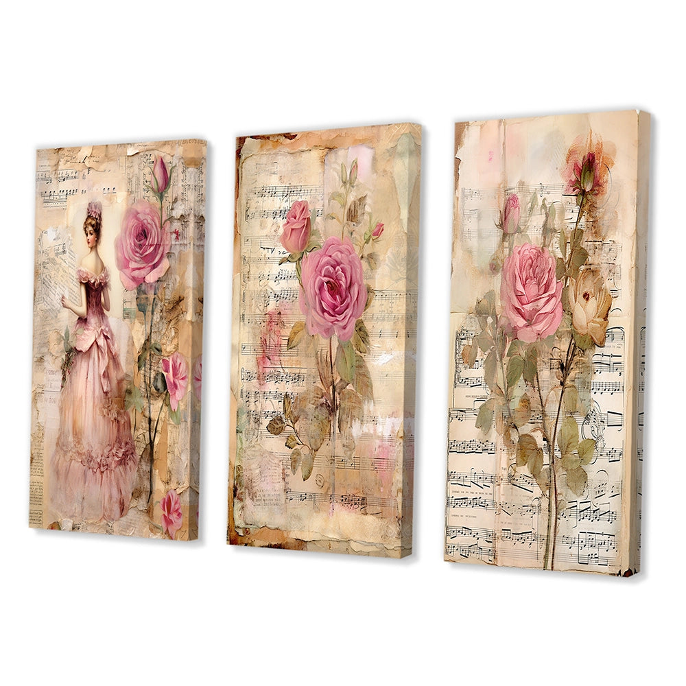 Rose Wall Art Canvas Set - Victorian Lady Pink Roses Rustic Vintage - 3 Pieces