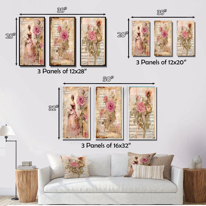 Rose Wall Art Canvas Set - Victorian Lady Pink Roses Rustic Vintage - 3 Pieces