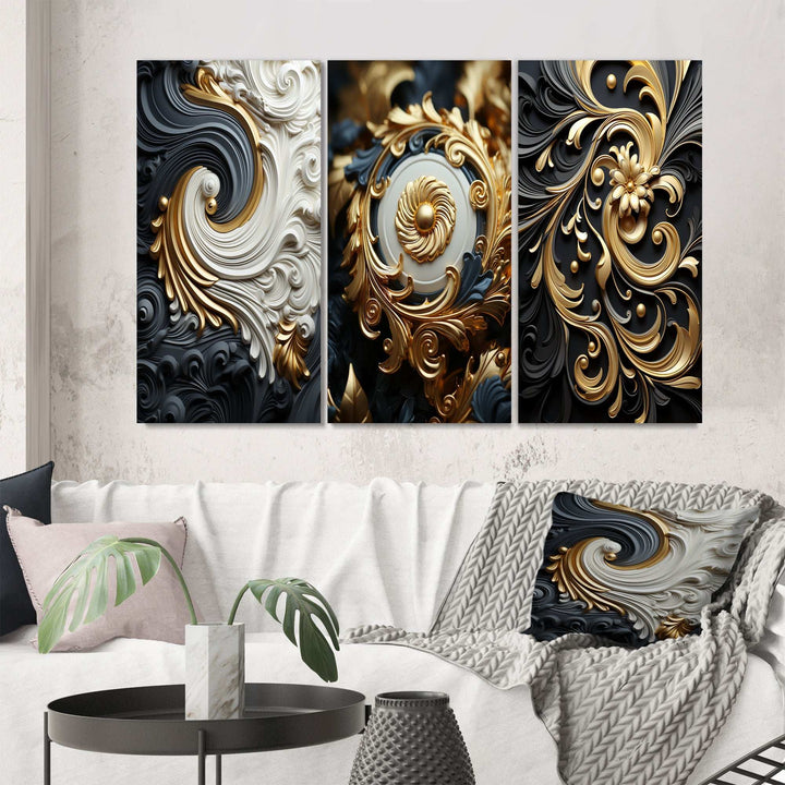 White Gold And Black Ornamental Liquid Spiral - Multi-Panels