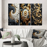 Transitional Canvas Wall Art Set of 3 - White Gold and Black Ornamental Liquid Spiral