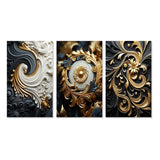 Transitional Canvas Wall Art Set of 3 - White Gold and Black Ornamental Liquid Spiral
