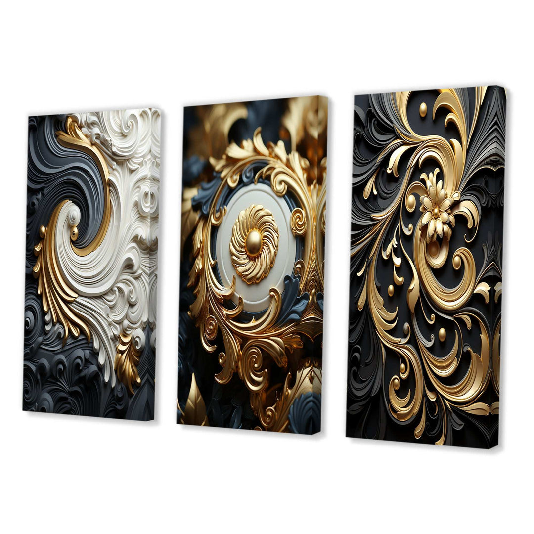 White Gold And Black Ornamental Liquid Spiral - Multi-Panels