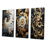 Transitional Canvas Wall Art Set of 3 - White Gold and Black Ornamental Liquid Spiral
