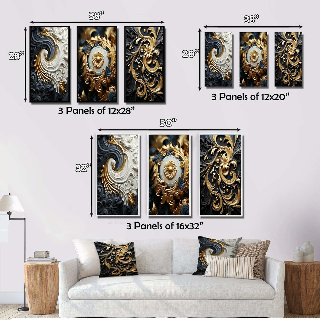 White Gold And Black Ornamental Liquid Spiral - Multi-Panels