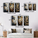 Transitional Canvas Wall Art Set of 3 - White Gold and Black Ornamental Liquid Spiral