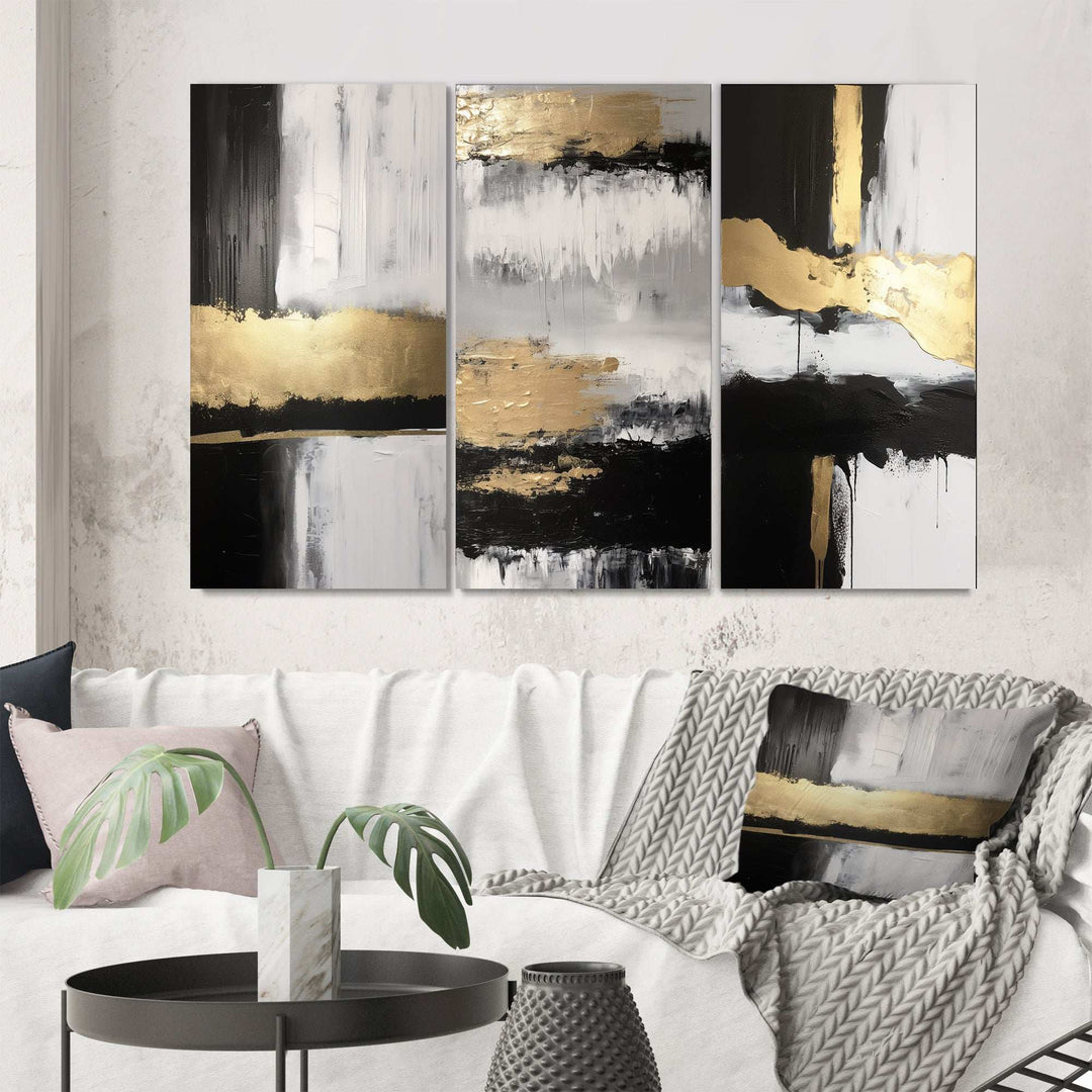 Horizontal Dimensions Abstract Gold Black III - Multi-Panels