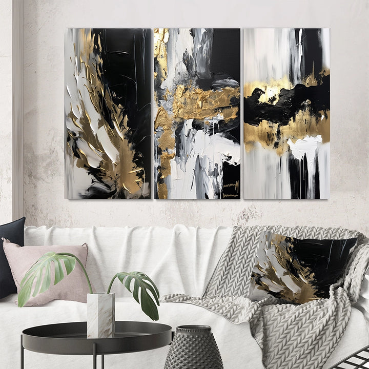 Modern Canvas Wall Art Set - Organic Bliss Minimal Abstract Gold and Black - 3 Pieces