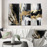 Modern Canvas Wall Art Set - Organic Bliss Minimal Abstract Gold and Black - 3 Pieces