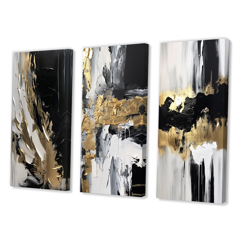 Modern Canvas Wall Art Set - Organic Bliss Minimal Abstract Gold and Black - 3 Pieces