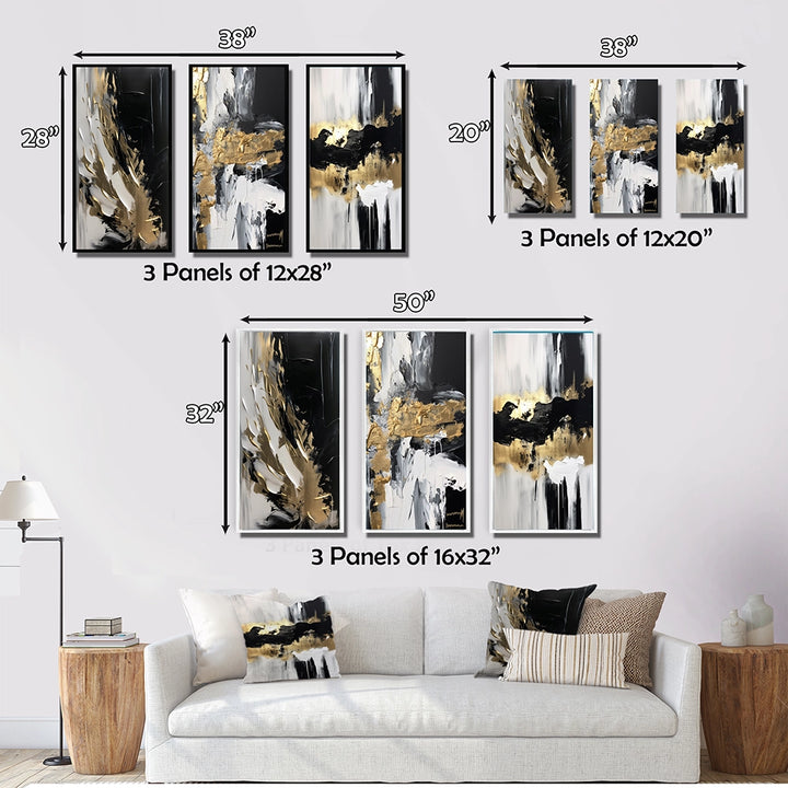 Modern Canvas Wall Art Set - Organic Bliss Minimal Abstract Gold and Black - 3 Pieces