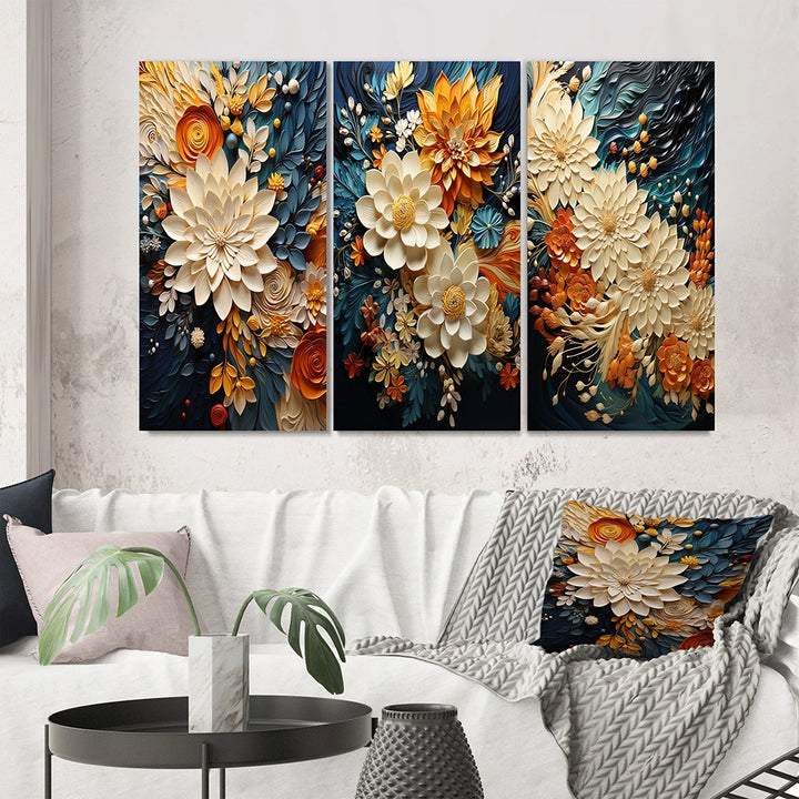 Abstract Canvas Wall Art Set of 3- Orange Teal Botanical Whirlwind IV